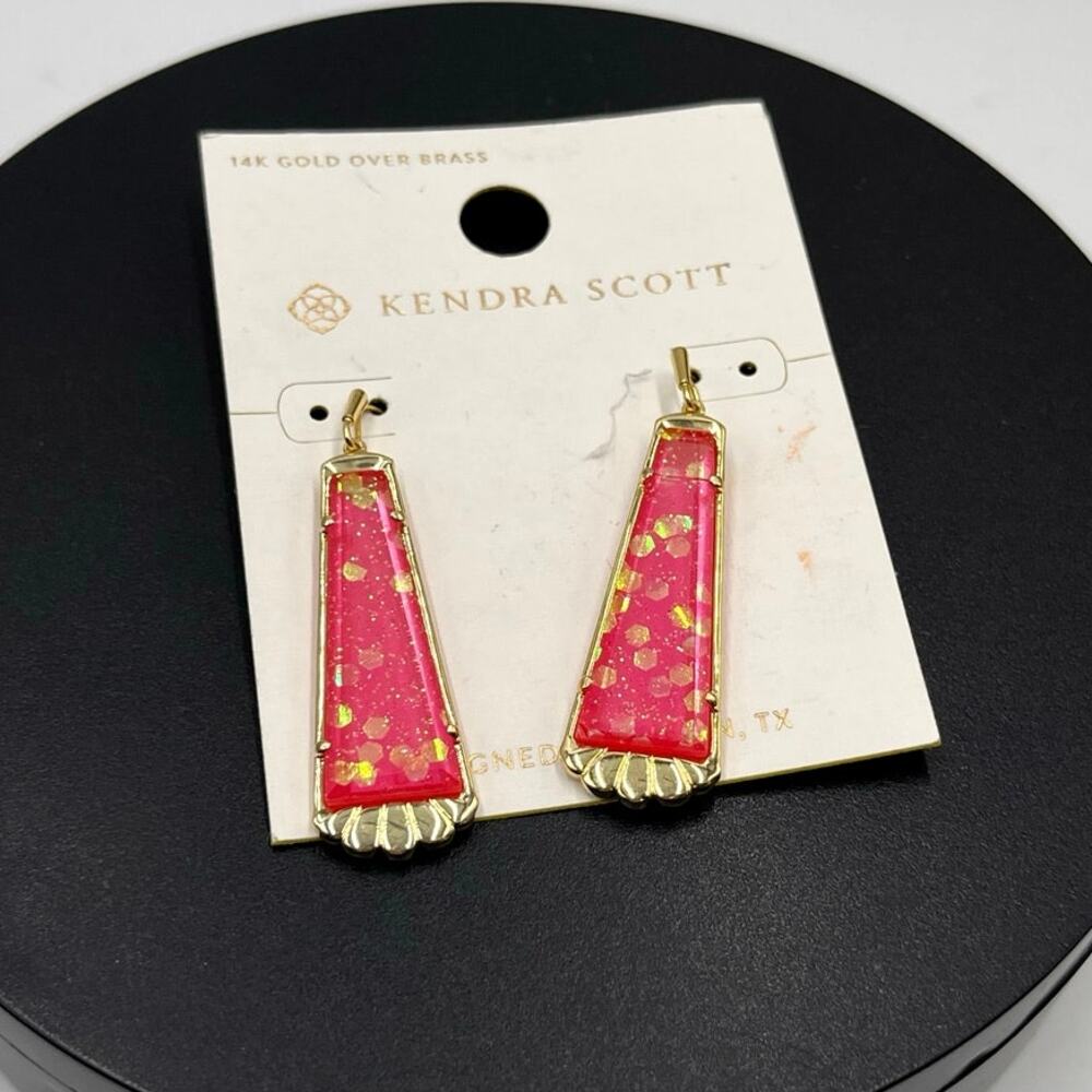 Kendra Scott Serena Pink Dichroic‎ Glass Drop Dangle Gold Flecks Earrings New